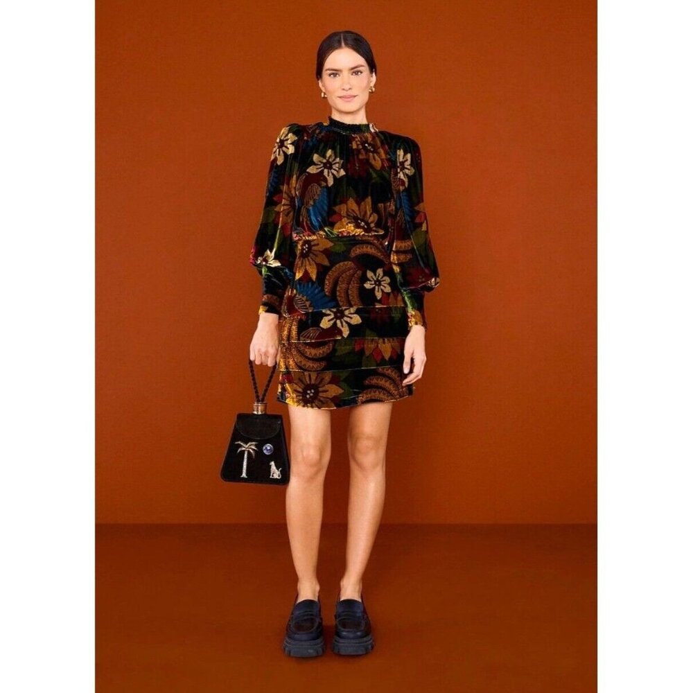 FARM Rio Macaw Ballet Velvet Mini Dress S Long Sleeve Party Floral High Neck - Picture 15 of 15